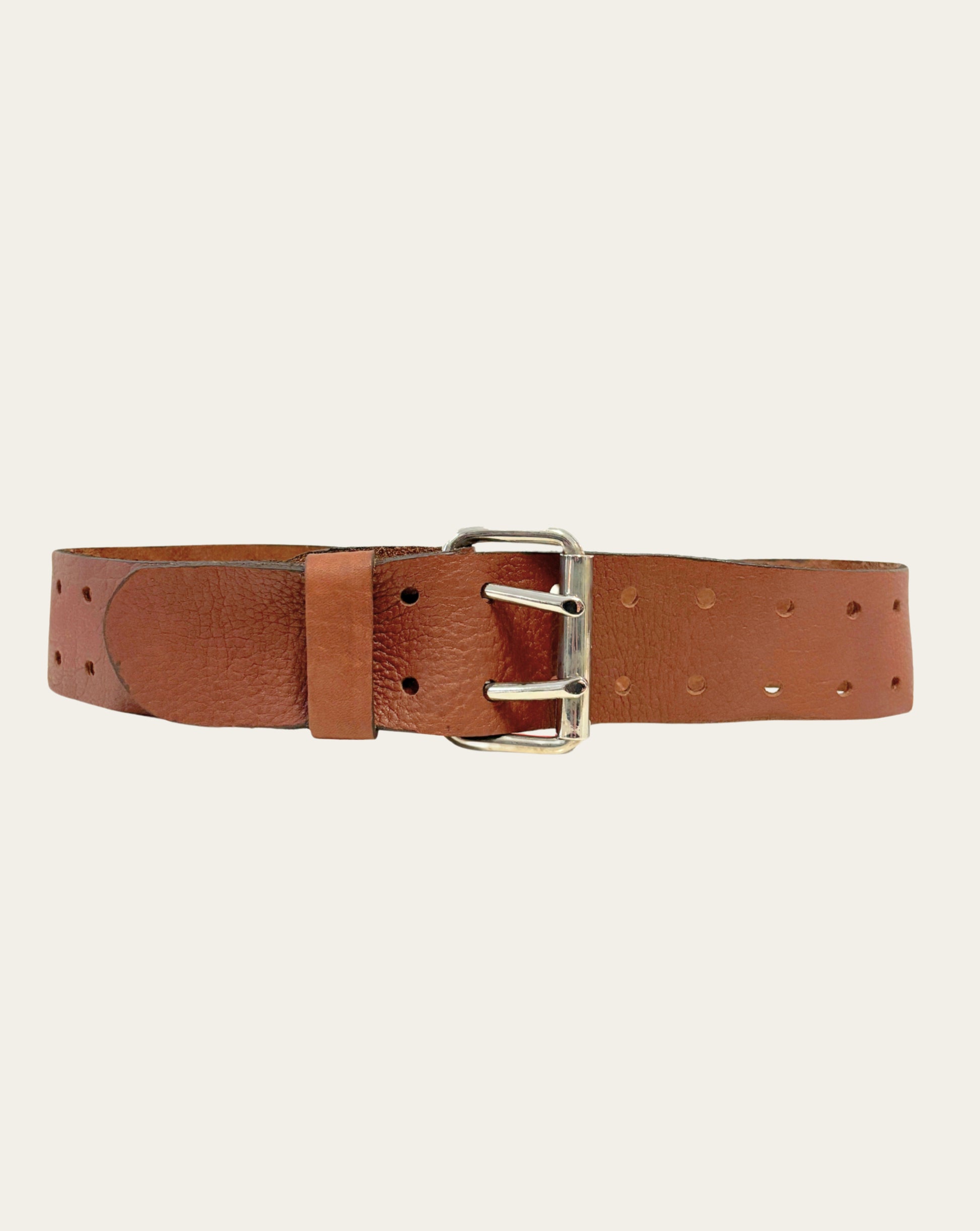 Light Brown Leather Belt with Double Holes and Nickel Buckle