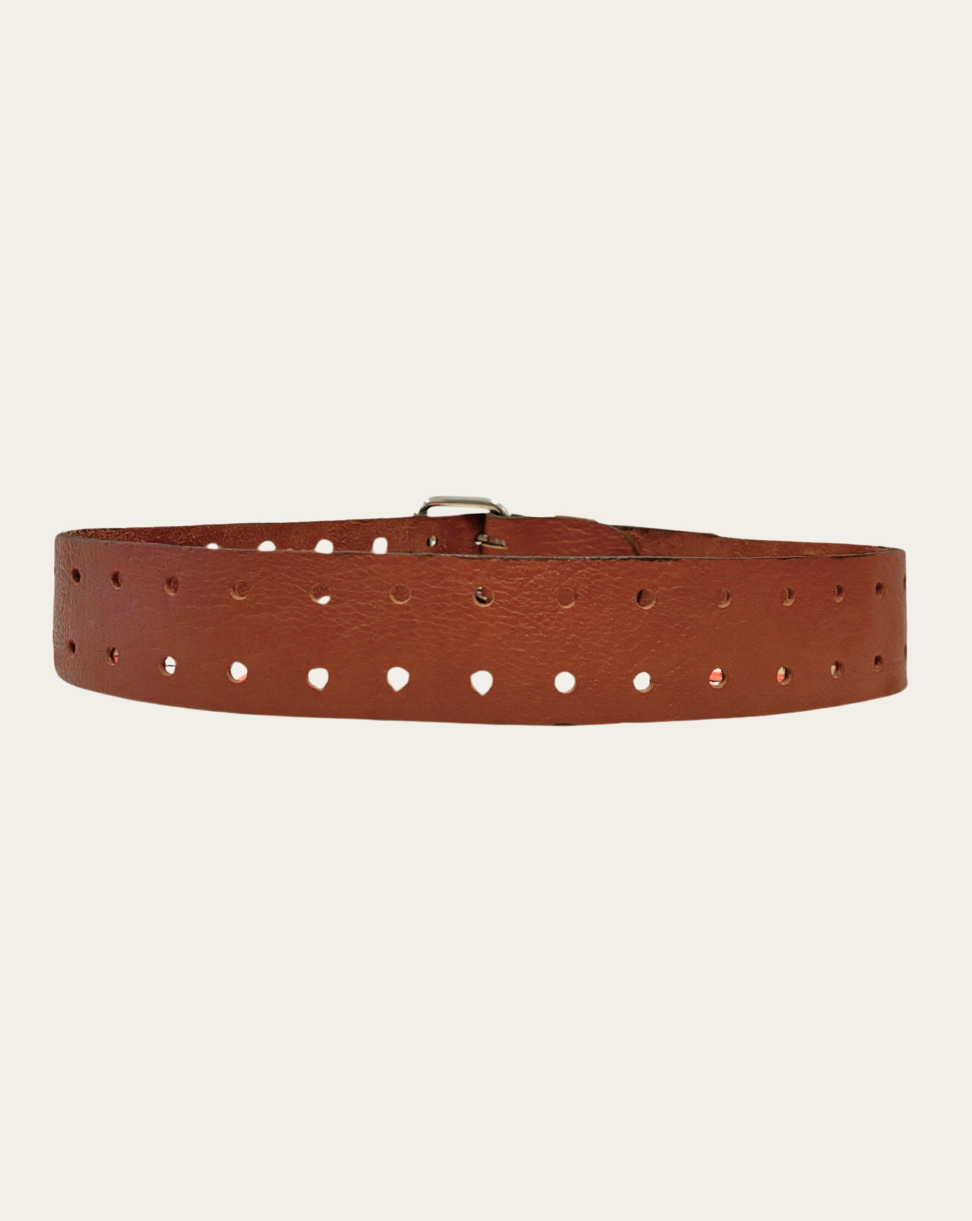 Light Brown Leather Belt with Double Holes and Nickel Buckle