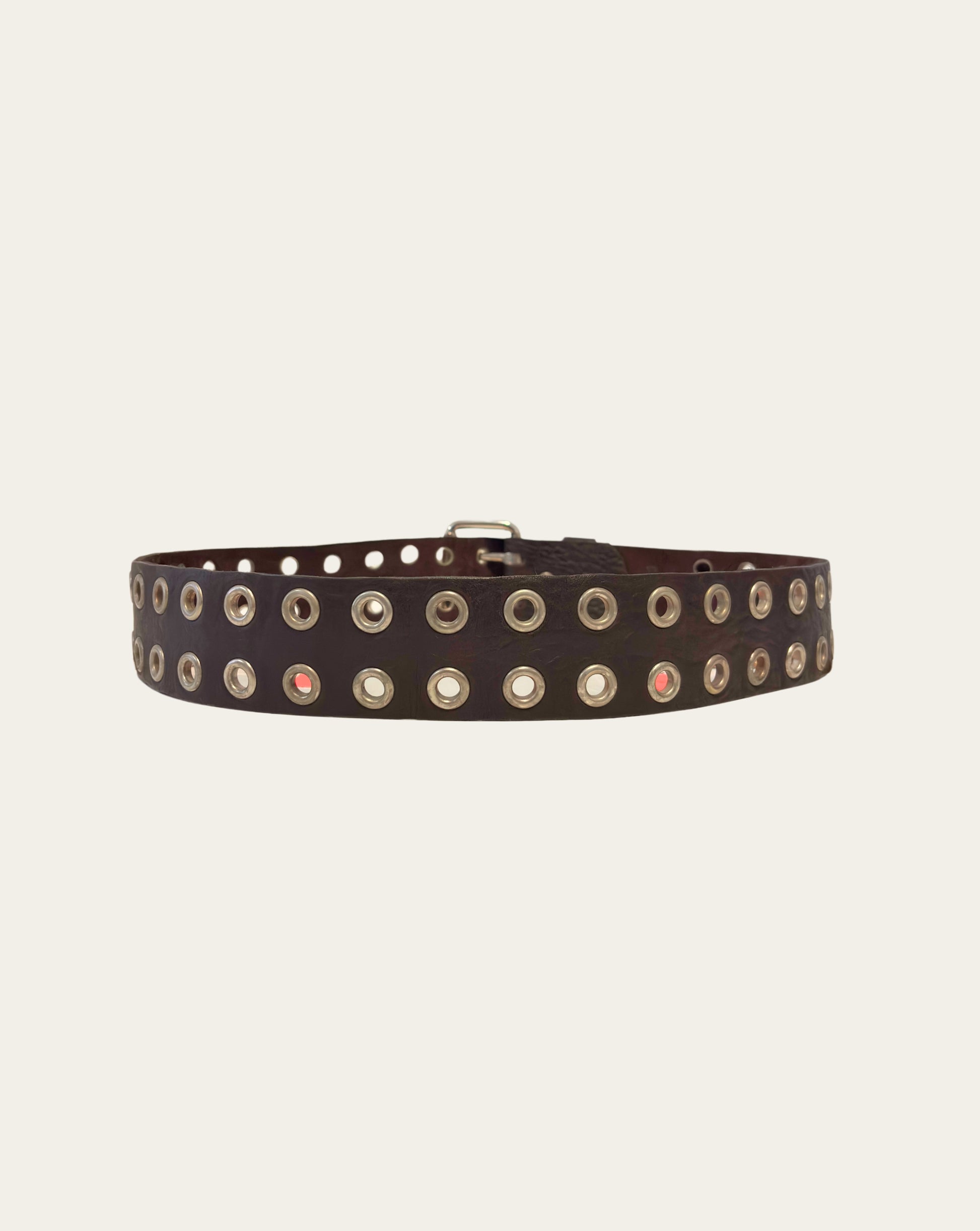 Dark Brown Leather Belt with Double Holes and Nickel Grommets