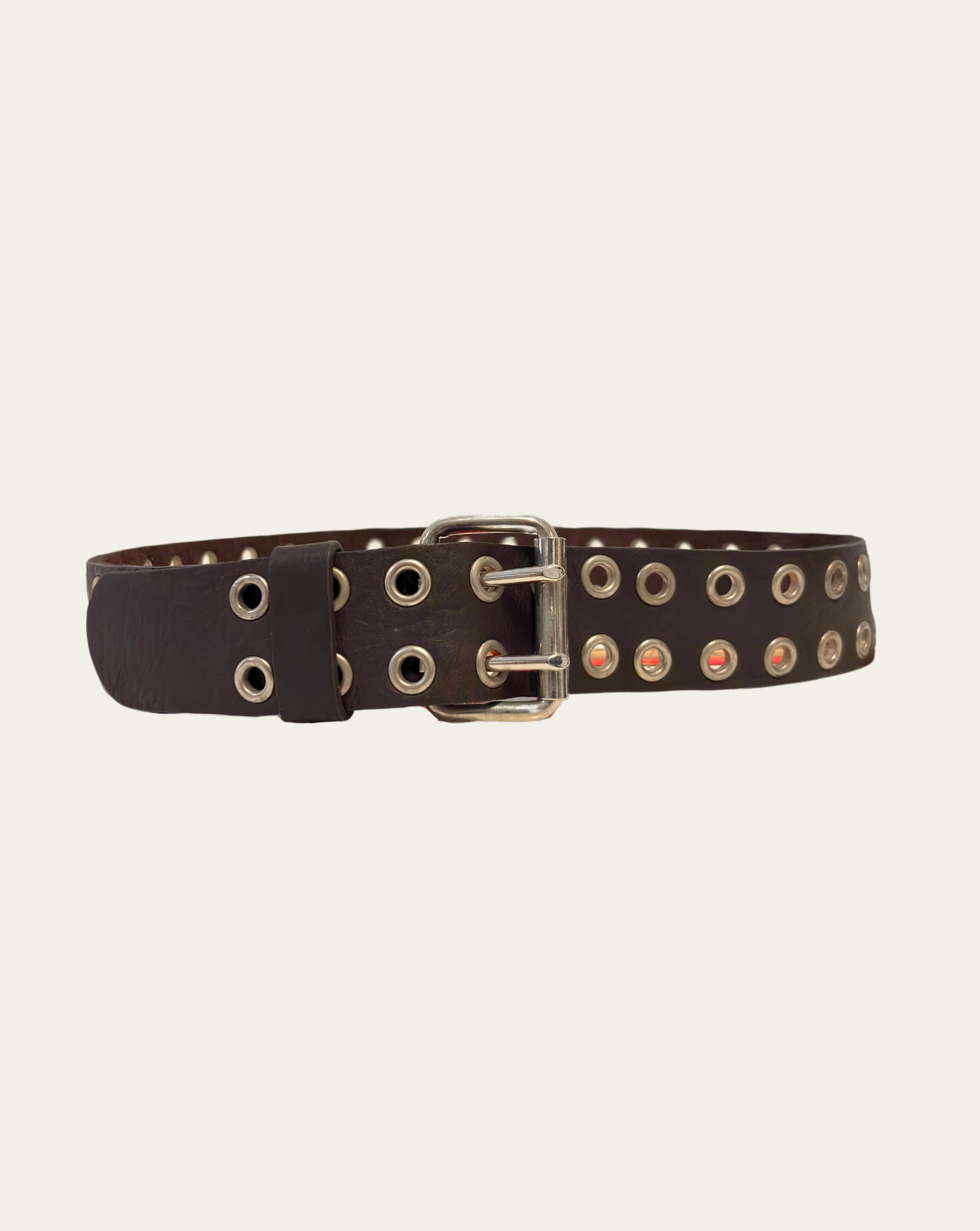 Dark Brown Leather Belt with Double Holes and Nickel Grommets