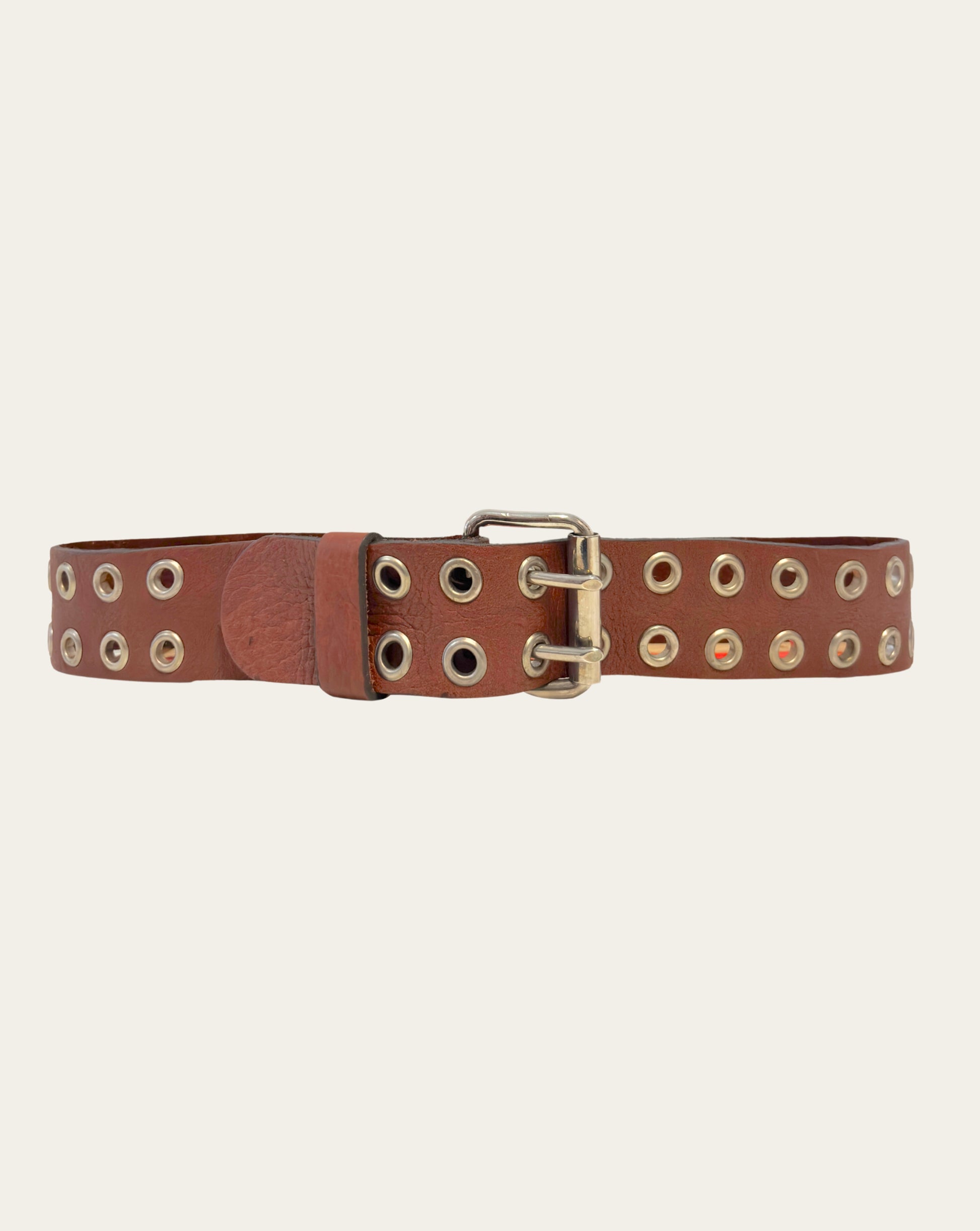 Light Brown Leather Belt with Double Holes and Nickel Grommets