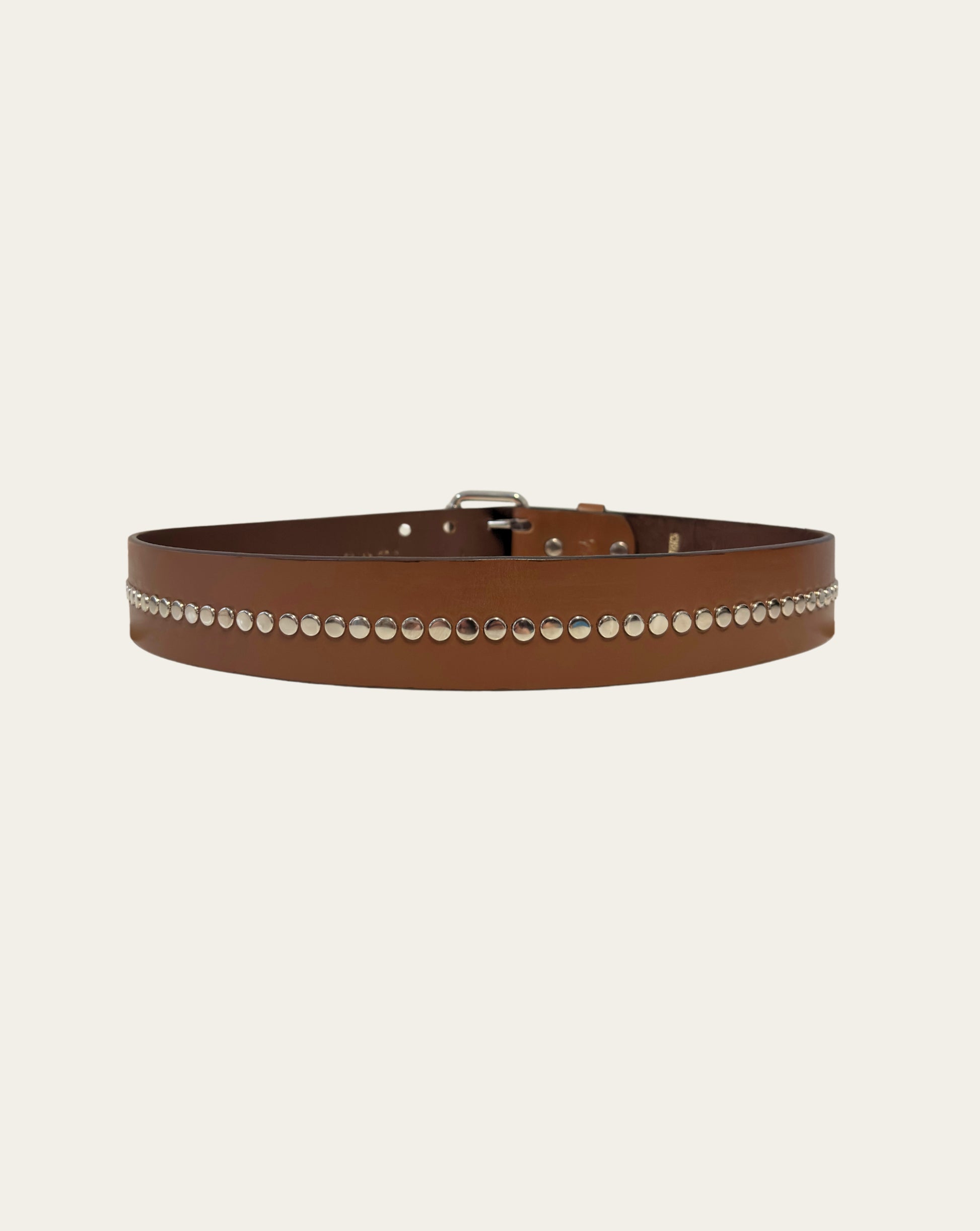 Light Brown Leather Belt with Flat Round Nickel Studs