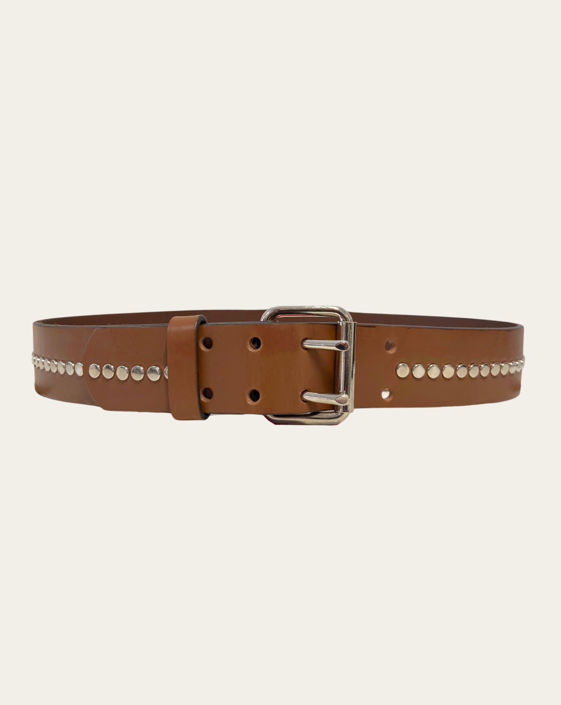 Light Brown Leather Belt with Flat Round Nickel Studs