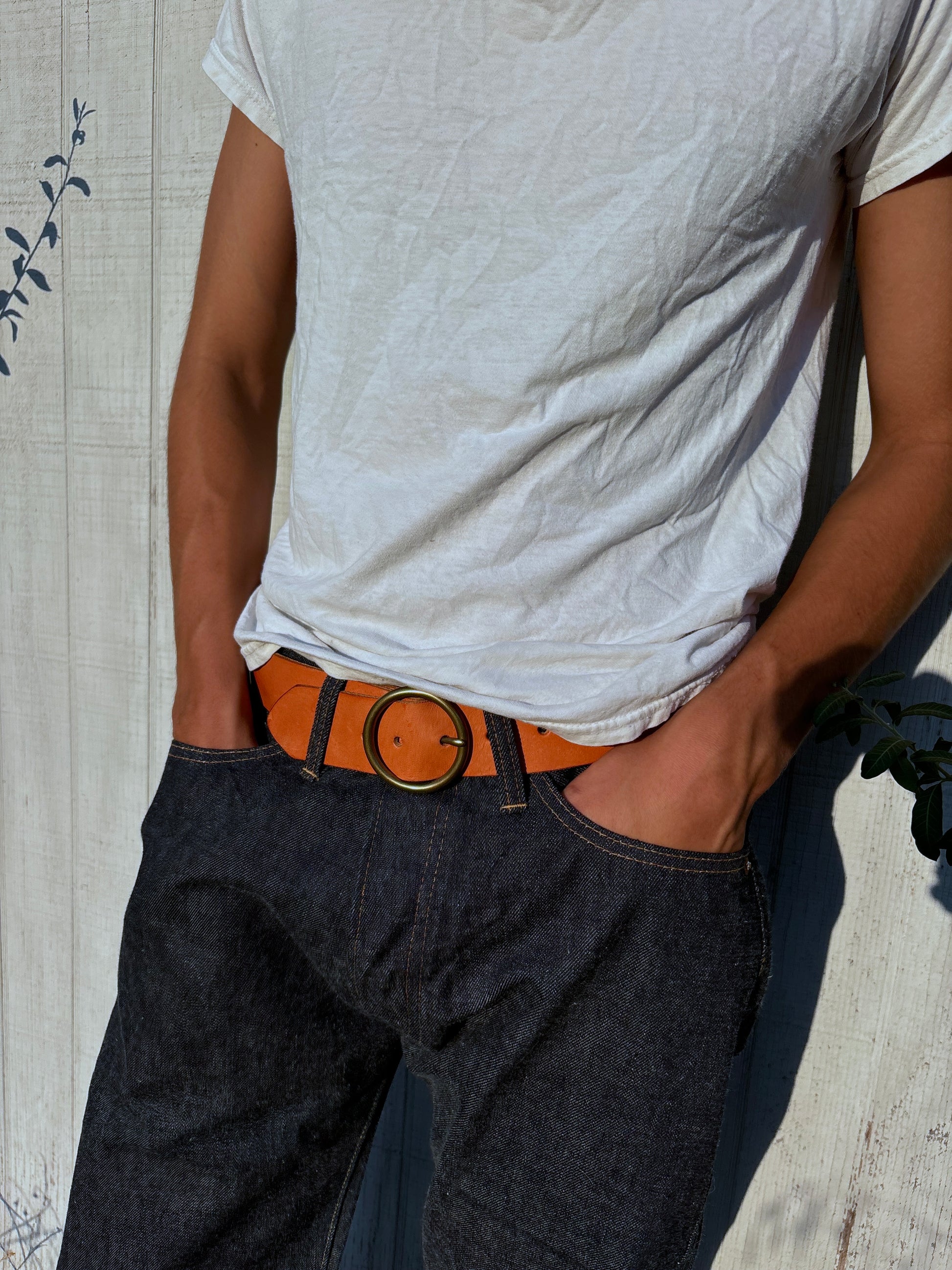 Honey Leather Belt with Circle Brass Buckle