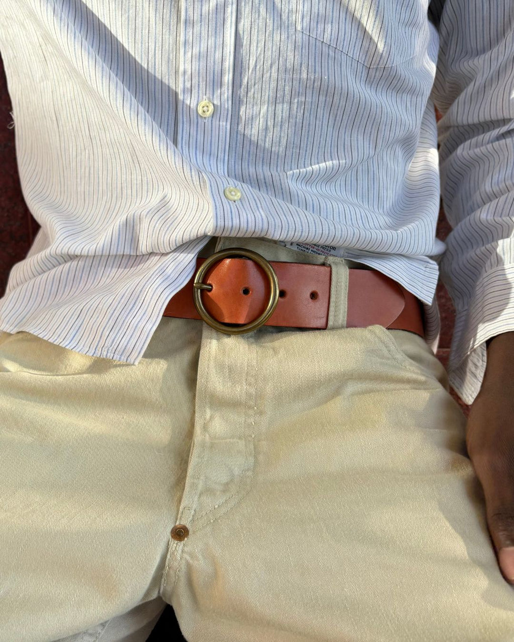 Honey Leather Belt with Circle Brass Buckle