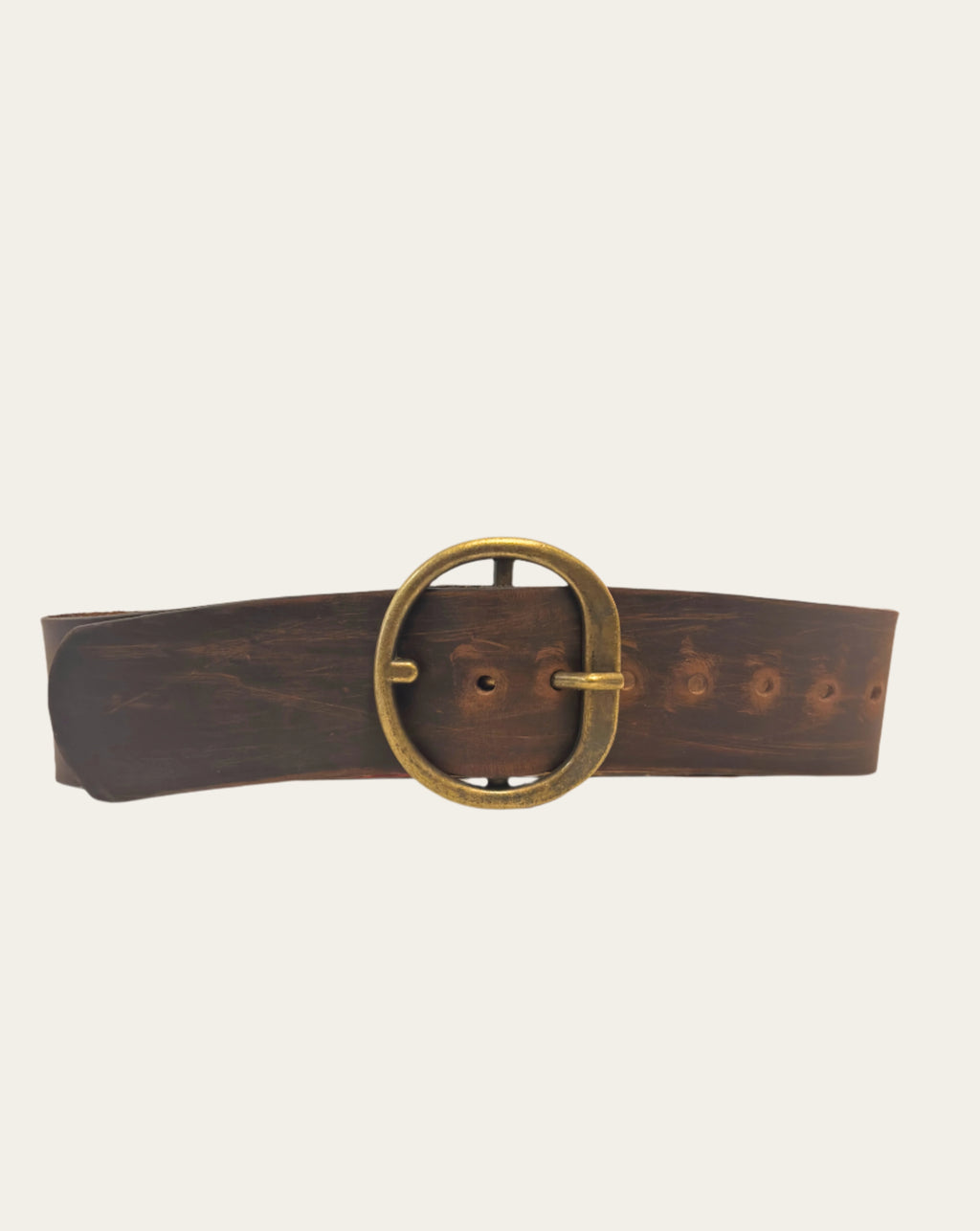 Wide Brown Brushed Leather Belt with Brass Buckle