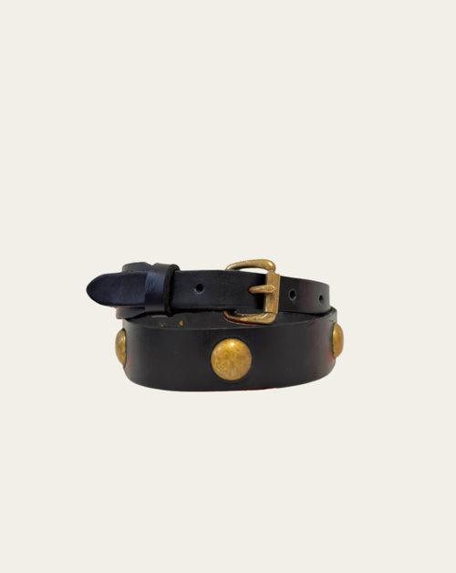 Black Leather Conch Studded Belt in Brass