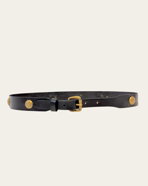 Black Leather Conch Studded Belt in Brass