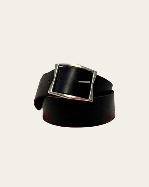 Black Leather Belt with Geometric Buckle