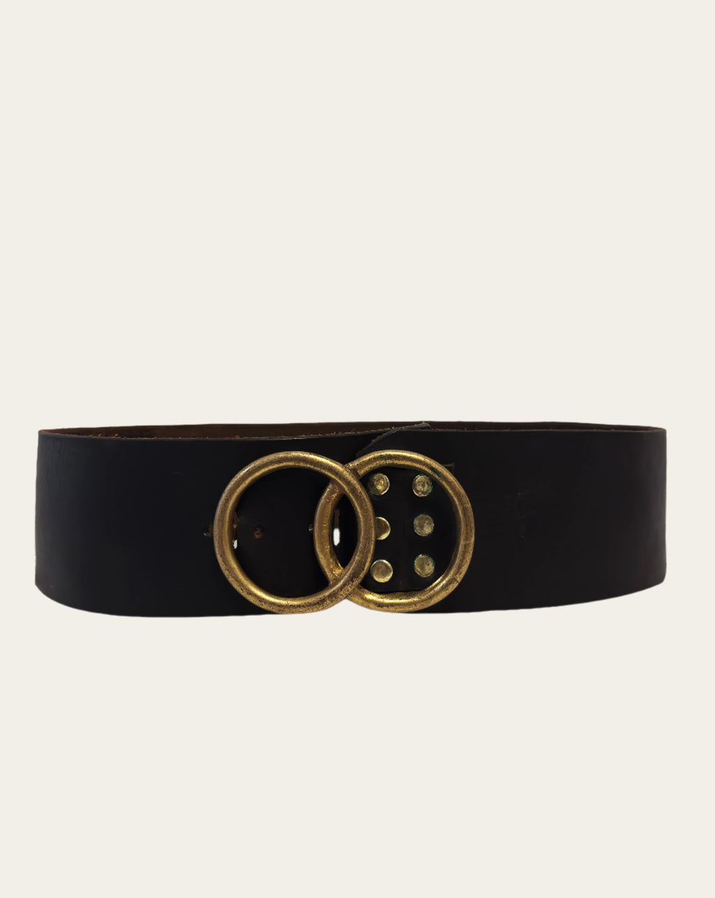 Wide Dark Brown Leather Belt with Double Circle Brass Buckle