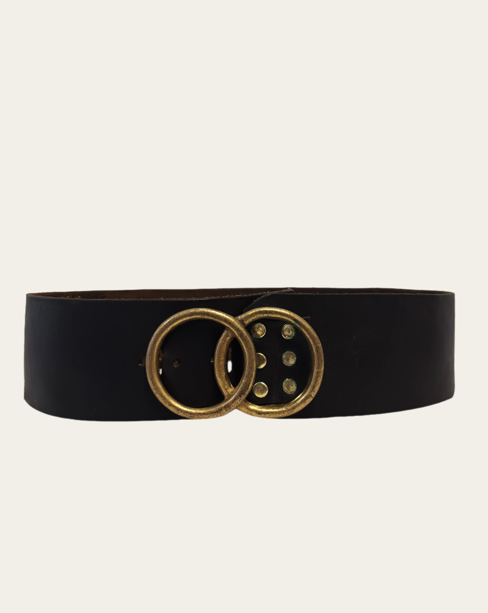 Wide Dark Brown Leather Belt with Double Circle Brass Buckle