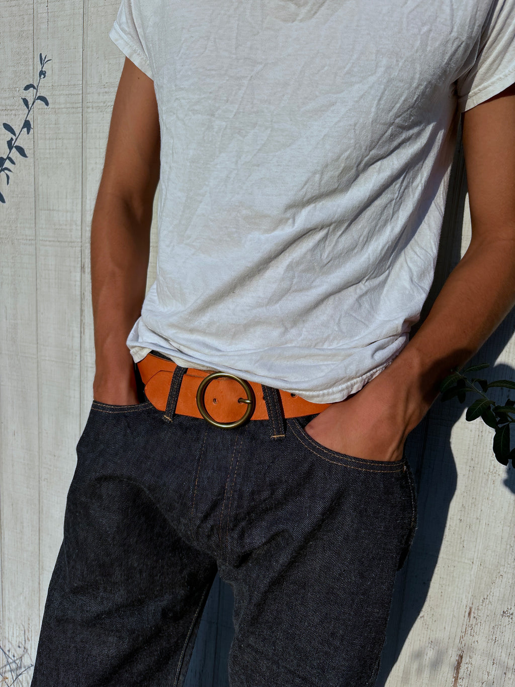 Honey Leather Belt with Circle Brass Buckle