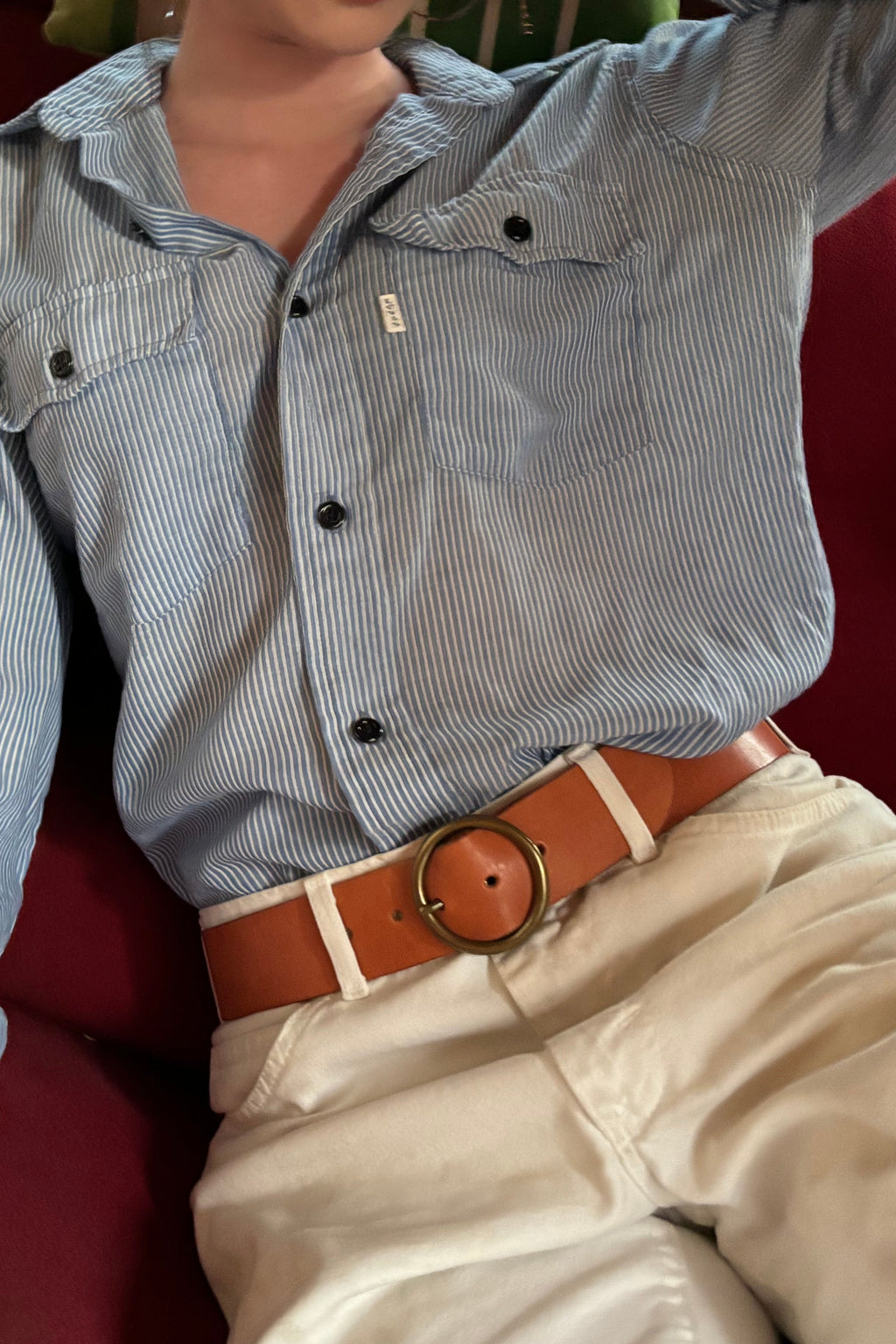 Honey Leather Belt with Circle Brass Buckle