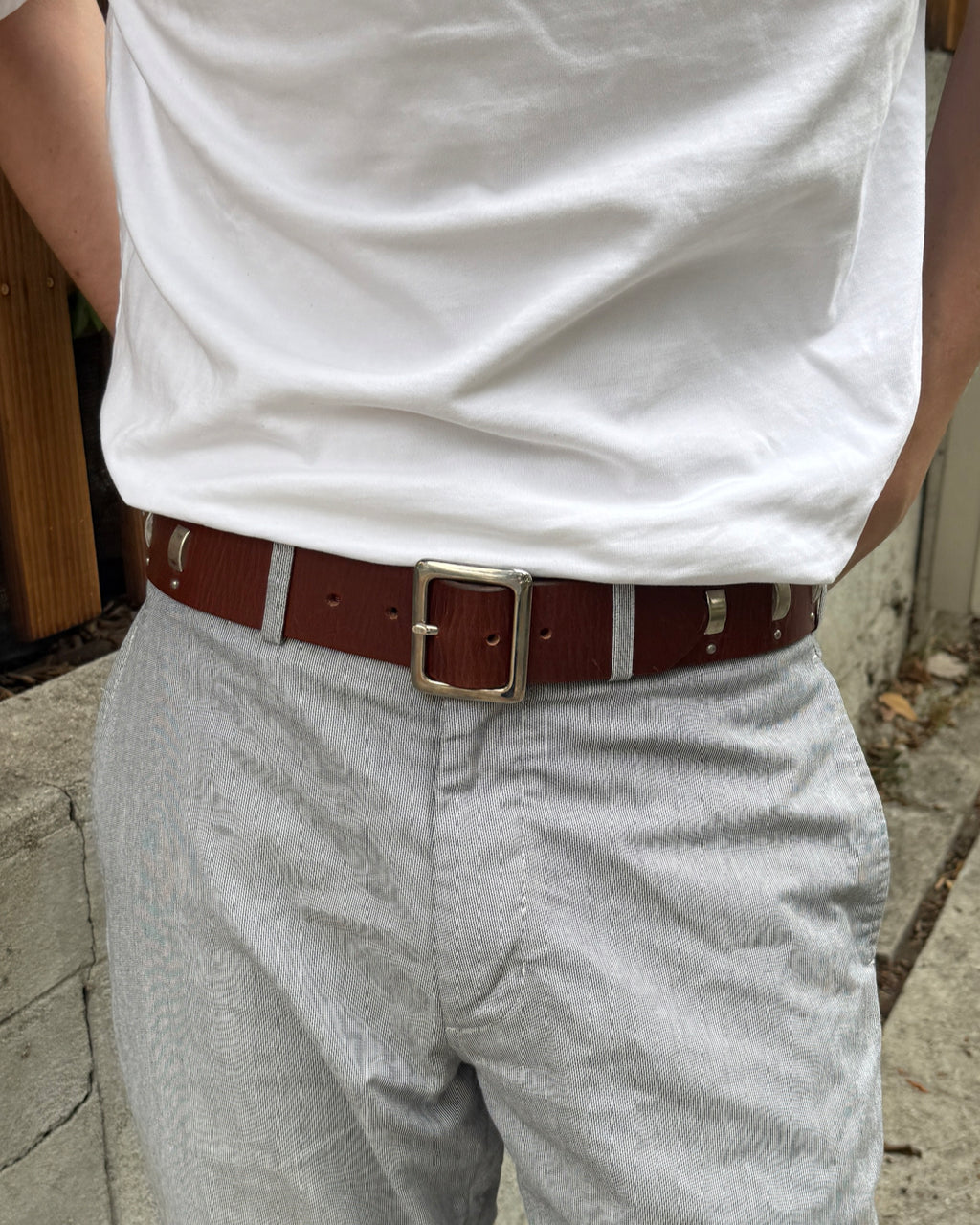 Brown Leather Belt with Nickel Studs